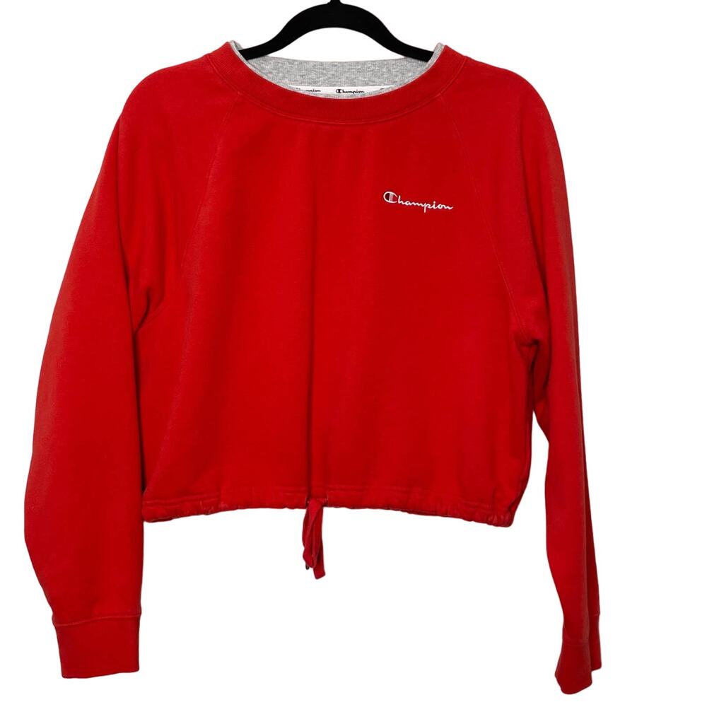 Champion‎ Campus Fleece Cropped Crew Sweatshirt Embroidered Logo Pullover Red S